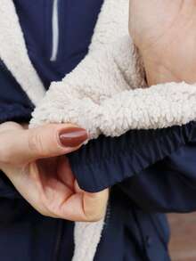 SILVIA DI SANTO 印花宽松立领拉链开合长袖女式夹克，秋季女装，羊毛衬里 - 藏蓝色 - 查看 6