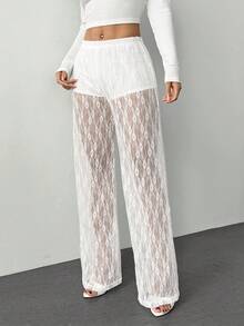 SHEIN PETITE Women's Elastic Waist Floral Lace Straight Loose Fashion Pants Sheer Pants Mesh Pants - White - View 8