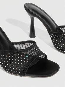 CUCCOO SZL Women's Square Toe Rhinestone Decor Fashionable Elegant Versatile High Heel Slide Sandals Valentine's Day Spring Shoes - Black - View 3