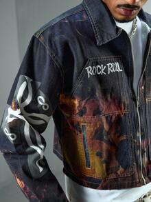 ROMWE MEN Men's Letter Print Long Sleeve Zip Front Denim Jacket - Black - View 8