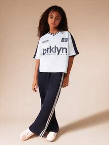 SUMWON Oversized Tween Brooklyn Athletic Division V-Neck T-Shirt And Wide Leg Joggers Co-Ord Set With Side Stripes And Number Print Casual Vacation - Blue - View 5