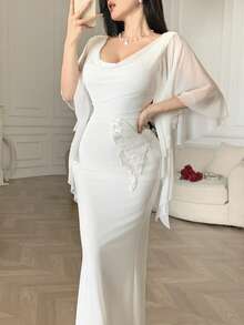 Feyla Women's Elegant Long Dress With Butterfly Embroidery, Mesh Patchwork And Ruffle Sleeves Party Dress - White - View 5