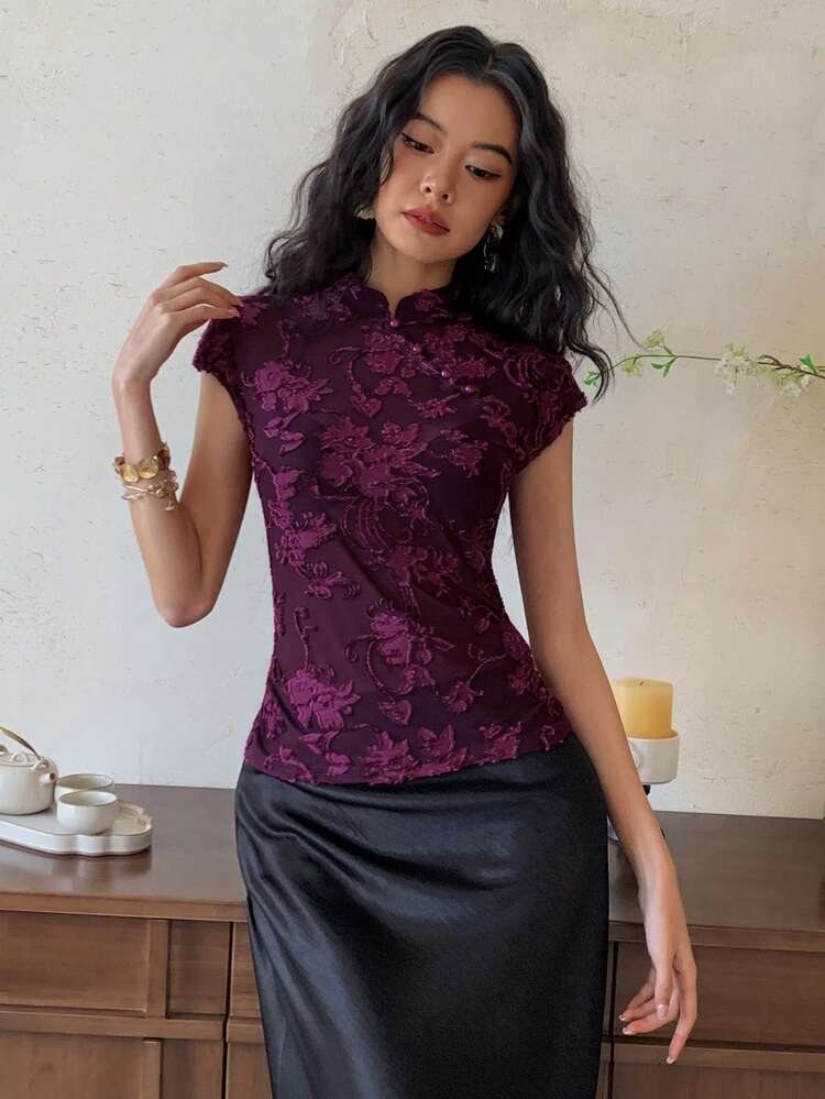EastFlair Blusa de satén de estilo chino elegante con cuello de cheongsam y mangas cortas para mujer - Morado - Añade 1