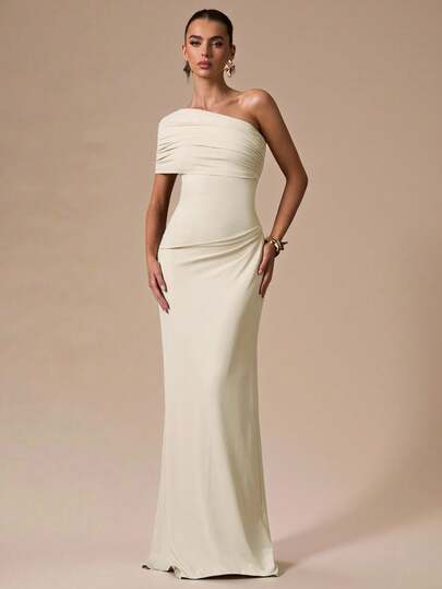 SHEIN BAE Vestido ajustado con drapeado asimétrico en color albaricoque, elegante para citas románticas, fiestas, eventos formales, vestidos de dama de honor, vestidos de verano, té, Año Nuevo, San Valentín, cumpleaños, vestido largo en color albaricoque