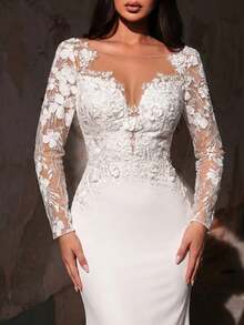 Glamrae 优雅奢华的刺绣蕾丝贴花拼接弹力针织美人鱼长裙，配以薄纱袖子，适合婚礼、派对、度假、舞会、新娘礼服、情人节等场合。 - 米色 - 查看 4