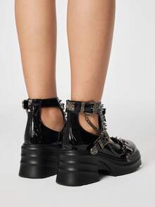 ROMWE Goth 2025 新款时尚春秋朋克风格 PU 皮革圆头玛丽珍鞋，厚底粗跟，蝴蝶结和铆钉装饰，女士休闲平底鞋 - 黑色 - 查看 9