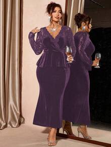 Cravure 女士优雅蕾丝长袖V领上衣和天鹅绒美人鱼裙两件套 - 紫色 - 查看 4