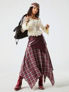 SoleilVie 波西米亚风时尚前卫艺术拼接不对称长裙，酒红色仿皮常规腰部七分上衣搭配红棕色格子面料，打造戏剧性A字不对称造型，大胆的层次感廓形和雕塑般的魅力，彰显个性设计。时尚百搭的日常PU拼接格子不规则半身裙。 - 彩色 - 查看 6