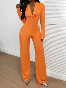 Xyvia Women's V-Neck Cinched Waist Yellow Bodycon Long Jumpsuit, Vintage Minimalist Sexy Elegant For Commute, Date, Party, Everyday Wear, Autumn