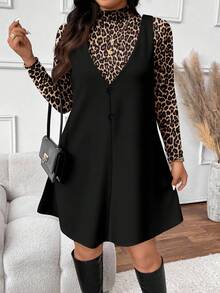 SHEIN Frenchy Bộ 2 món áo dài tay họa tiết da báo và váy yếm cỡ lớn cho nữ - màu đen - Xem 7