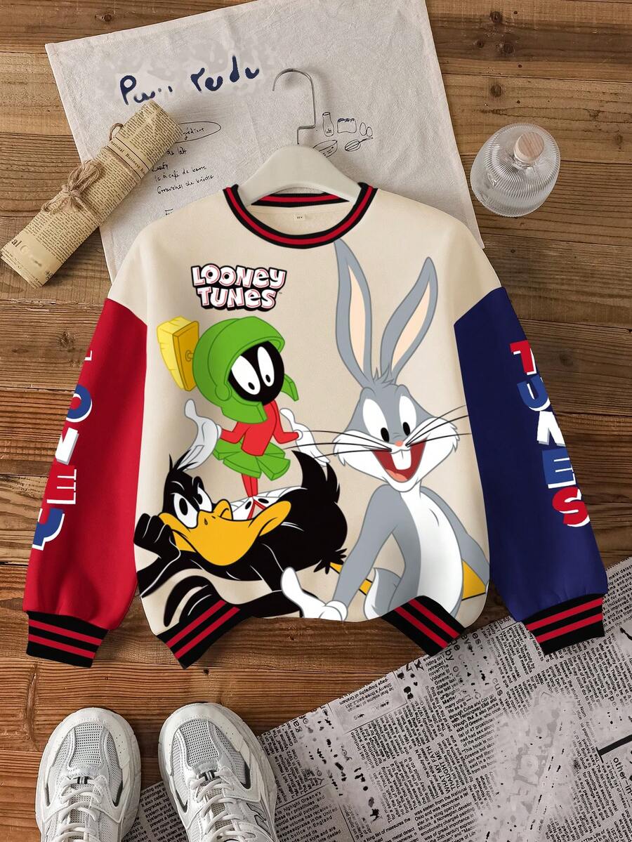 LOONEY TUNES X SHEIN 男童休闲日常通勤时尚街头卡通字母印花撞色落肩宽松抓绒保暖圆领卫衣,秋冬款 - 白色 - 查看 1