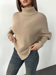 SHEIN PETITE 女士不对称蝙蝠袖下摆纯色高领毛衣，时尚百搭，适合假日度假，娇小身材也能轻松驾驭，品质升级，秋冬季款 - 卡其色 - 查看 3