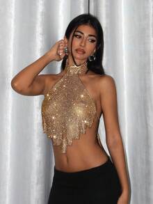 EgrlEra Metal Mesh Rhinestone Asymmetric Hem Backless Halter Top - Gold - View 4