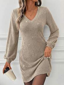 SHEIN Clasi Black Brushed V-Neck Long Sleeve Short Knit Dress For Women, Autumn/Winter - Khaki - View 1