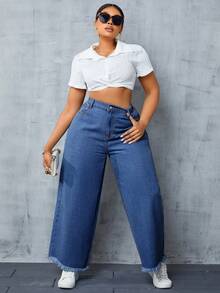 SHEIN SXY Jeans holgados de talla grande con dobladillo deshilachado y bolsillos laterales para uso casual diario - Azul - Ver 3