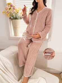 Moonlight&Mama Autumn/Winter Cozy Collar Patchwork Lace V-Neck Cardigan & Long Pants Maternity Pajama Set - Dusty Pink - View 1