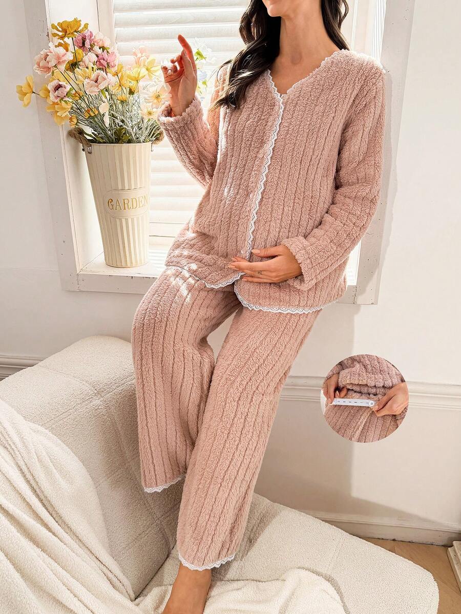 Moonlight&Mama Autumn/Winter Cozy Collar Patchwork Lace V-Neck Cardigan & Long Pants Maternity Pajama Set - Dusty Pink - View 1