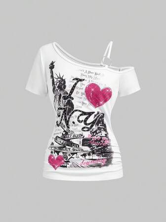 ROMWE Avant Women's Y2K Retro Streetwear Sexy Slogan Metallic Decor Rhinestone Print T-Shirt