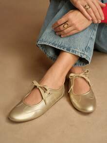 Rosivie 女士休闲百搭通勤简约系带平底鞋 - 金色 - 查看 4
