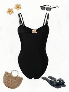 Swim Chiccia 一件式撞色性感连体泳衣，金属装饰，优雅沙滩装 - 黑色 - 查看 4