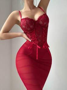 2pcs Set: Lace Contrast Mesh Tie-Up Bodycon Maxi Dress & G-String, Valentine's Day - Burgundy - View 3