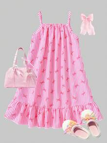 SHEIN Genkimix Kids 女童粉色条纹蝴蝶结无袖连衣裙：百搭休闲装，可爱幼儿连衣裙，饰有蝴蝶结图案，非常适合玩耍、家庭出游、休闲聚会和日常穿着。时尚设计，搭配同款包包，打造舒适可爱的日常造型。 - 粉色 - 查看 2