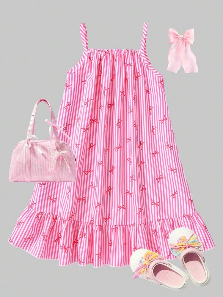 SHEIN Genkimix Kids 女の子用ピンクストライプ リボン ノースリーブ