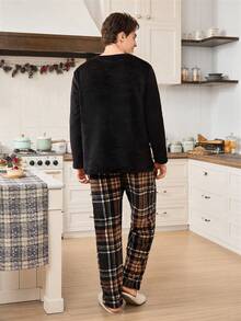 SHEIN Plaid Print Pocket Long Sleeve & Long Pants Men's Cozy Pajama Set, Autumn/Winter Matching Couple Pajama Set Valentine's Day Plaid Pajama Set