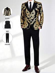 SHEIN 3pcs/Set Teenager Gentleman Suit, Black & Gold Color Block Slim Fit Formal Outfit, Includes Blazer Jacket + Vest + Trousers, Elegant & Casual Personalized Suit Set Suitable For Piano/Violin Performance, Wedding, Graduation Ceremony, Birthday Party, Evening Event, Presentation, Wedding Season, Halloween, Christmas, Autumn/Winter - Black - View 3