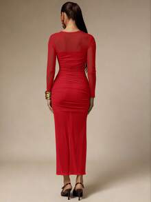 Silquee 女士优雅撞色网纱荷叶边长袖连衣裙，秋季 - 紅色 - 查看 2