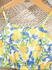 SHEIN Young Girl Lemon Print Hollow Out Waist Strap Vacation Dress, Summer - Multicolor - View 6