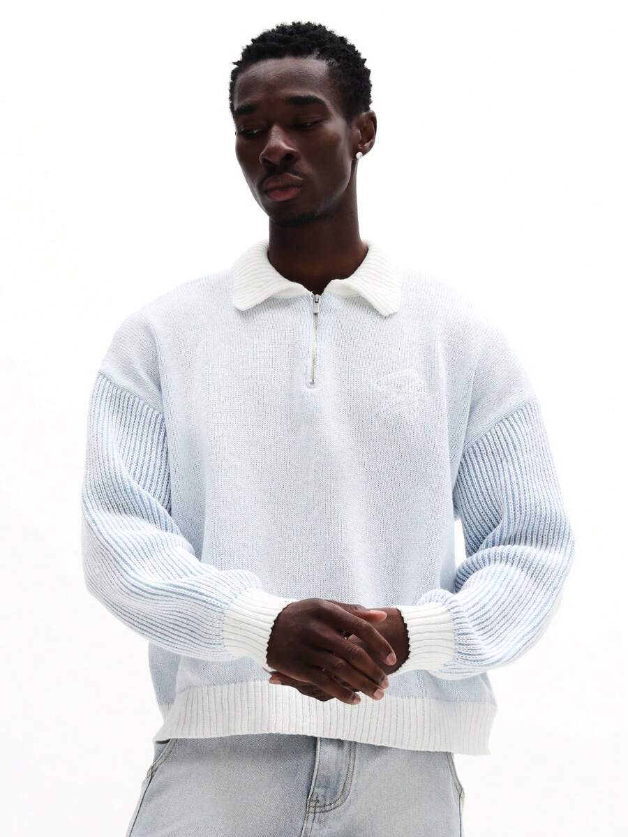SUMWON 男士宽松版型四分之一拉链纹理针织 Polo 衫长袖翻领套头毛衣秋冬叠穿必备纯色 - 藍色 - 查看 1