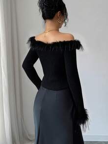 Elenzga 女士优雅时尚通勤休闲舒适迷人复古简约高端温柔淑女圣诞假日派对秋冬露肩拼接毛领袖口纯色针织毛衣 - 黑色 - 查看 2