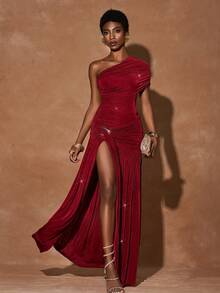 Zivah 2026 Spring/Summer Asymmetrical Shoulder Ruched Full-Length Dress With Waist Tie, Metal Buckle Decor, High Slit, Bodycon Silhouette, Wine Red Dress, Spring/Summer Dress, Party Dress, Sexy Dress For Women