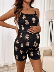 SHEIN Bộ đồ 2 món mùa hè thoải mái cho bà bầu, họa tiết gấu bông và chấm bi, viền ren, gồm áo hai dây ôm sát và quần short. - màu đen - Xem 6