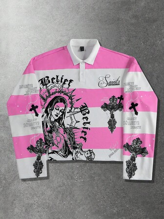 Street Life Sudadera con estampado gráfico de la Virgen María retro a rayas, estilo callejero americano tipo polo