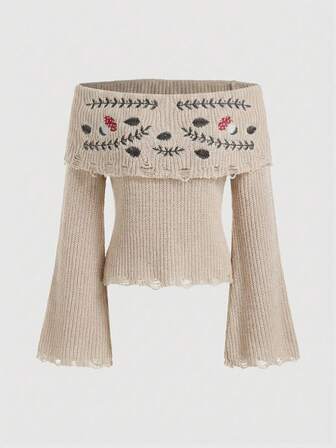 Fairycore Suéter de manga larga con hombros descubiertos y bordado de setas y enredaderas para mujer