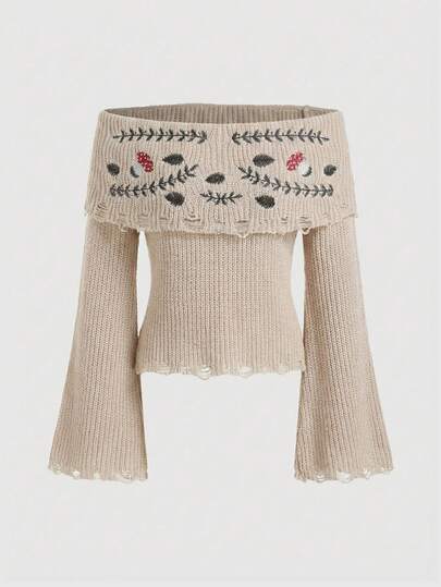 Fairycore Maglione a maniche lunghe da donna con ricamo a fungo e vite, scollo a spalle scoperte