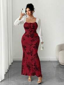 Elenzga 大码新款女式方领蝴蝶结雪纺泡泡袖长裙，适合约会、聚会、日常穿着，收腰设计，修身显瘦，优雅青春，长款连衣裙，适合春、夏、秋季穿着，荷叶边鱼尾裙摆 - 酒紅色 - 查看 7