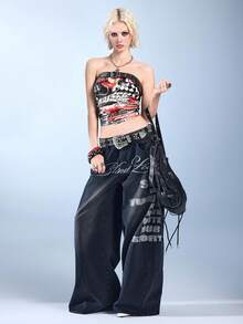 ROMWE Avant Áo ống nữ phong cách retro biker cá tính, gợi cảm với họa tiết xe máy và khóa cài trang trí. - màu đen - Xem 5