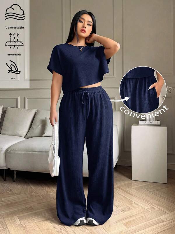 Solflare Plus Size Solid Crew Neck Short Sleeve Top And Long Pants Casual Vacation Cool Feeling 2 Pieces Set, Women Outfit,Spring Break,Date, Commute, Party,Fall /Autumn/Winter/Summer,Christmas,New Year,Thanksgiving,Party,Wedding,Beach,Graduati,Chic,Elegant,Casual,Going Out,Date,Appointment,Commute,Shining,Valentine's Day,Elegant ,Vacation,Casual,Y2k,Sexy