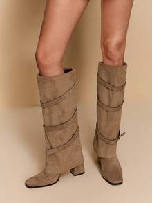 Daringsoles Women's Square Toe Western Style Studded Design Fashion High Heel Knee-High Boots - Khaki - View 4