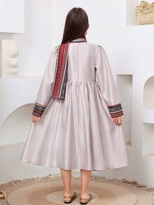 SHEIN Tween Girls Cute Puff Sleeve Cinched Waist Dress, Casual Daily & Party Wear, Middle Eastern Pattern Retro Print, Middle Eastern Traditional Clothing Abaya Robe - Grey - View 2