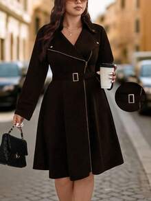 EMERY ROSE 大码长袖裹身式优雅简约设计连衣裙 - 棕色 - 查看 1