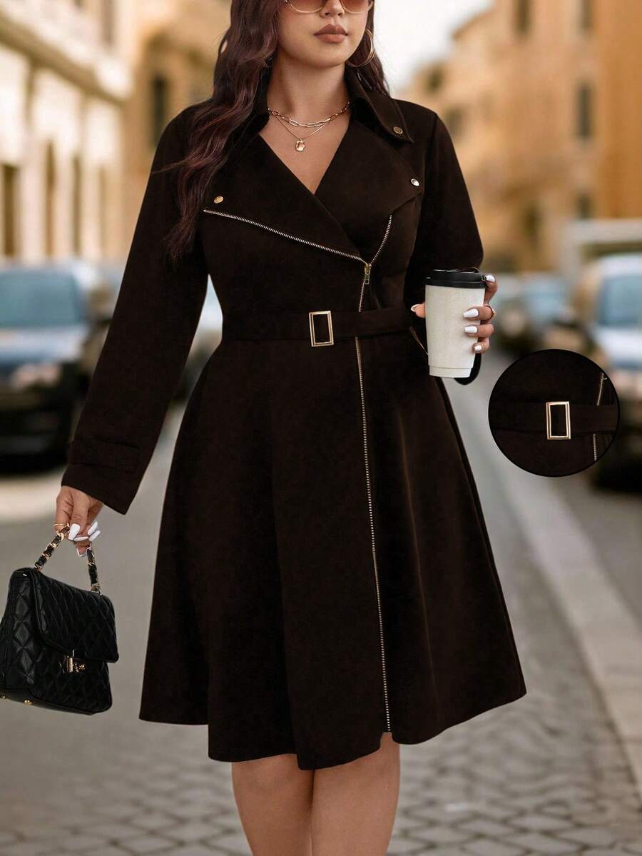 EMERY ROSE 大码长袖裹身式优雅简约设计连衣裙 - 棕色 - 查看 1