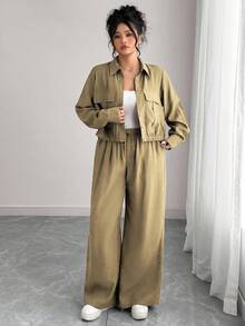 Elenzga 大码女式法式浪漫西西里优雅休闲通勤度假纯色棕色衬衫领隐形门襟松紧下摆长袖衬衫+松紧腰工装裤套装，春/秋/冬 - 卡其色 - 查看 5