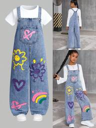 SHEIN Sparklyn Girls' Fashionable Floral, Heart, Rainbow & Graffiti Print Casual Soft Washed Denim Adjustable Strap Loose Fit Jumpsuit, Suitable For Layering With Short/Long Sleeve Tops, Perfect For Daily Wear And Travel, All Seasons Fall Winter