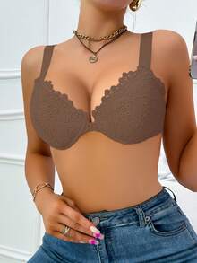 1pc Sexy Front Hook Closure Black Lace Bra, Lift And Support, Adjustable Underwire Bra - Mocha Brown - View 4