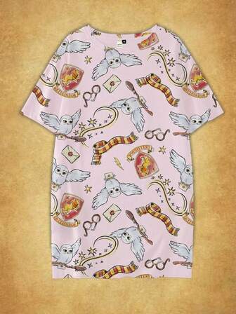 HARRY POTTER X SHEIN 加大码字母卡通图案圆领短袖睡衣