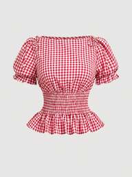 SHEIN MOD Plus Size Black & White Plaid Cinched Waist Lantern Sleeve Cropped Top/Valentine's Day